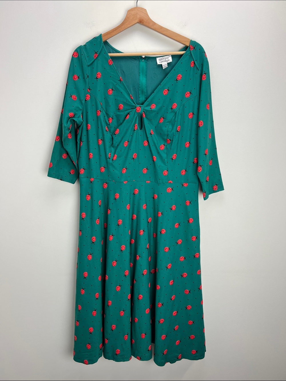 Unique Vintage Teal Midi Dress with Red Ladybug Print